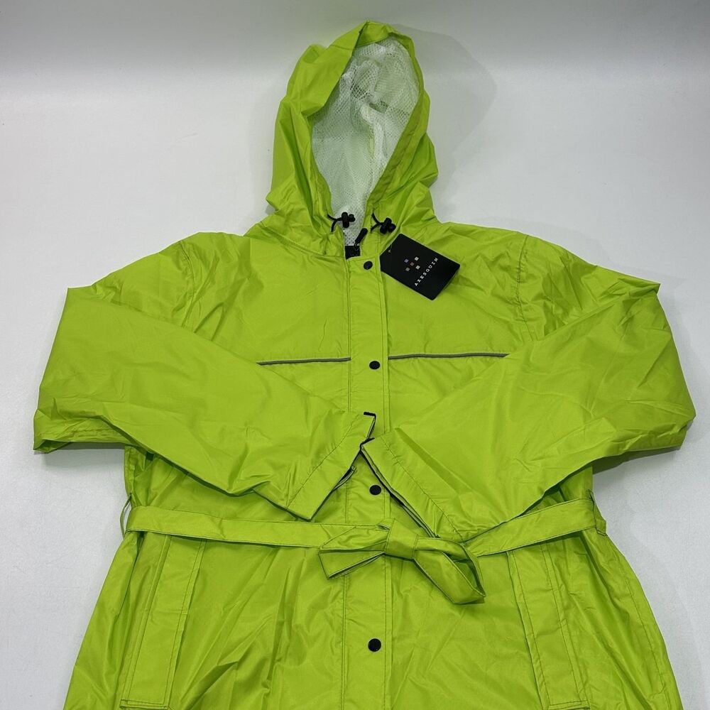 Axesquin Women's Hooded Raincoat Fluor Green Belted Waist, Size Large - Picture 2 of 7